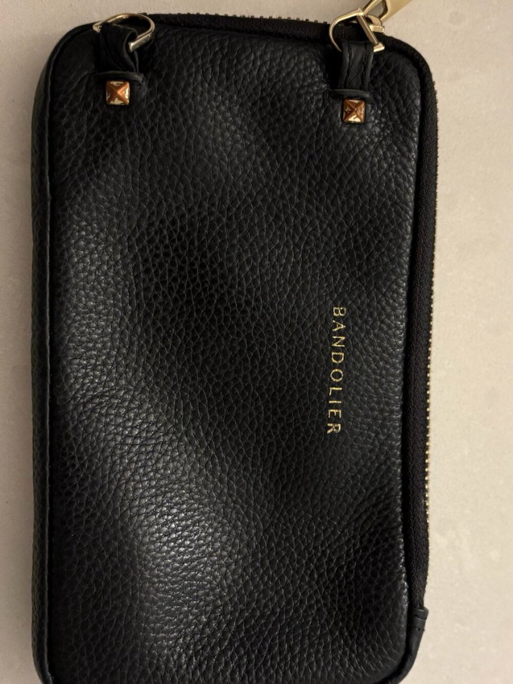 Bandolier Black Pebbled Leather Expanded Zip Pouch Gold Hardware